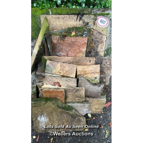 460 - A large yorkstone slab and some indian stone, largest 80cm (h) x 88cm (w) x 10cm thick (no lifting e... 