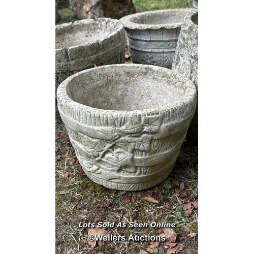 47 - Four round planters, largest 25cm (h) x 25cm (w) / Please bring equipment and labour to assist with ... 