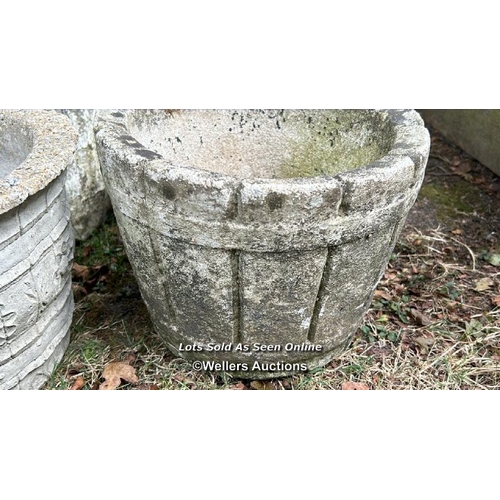 47 - Four round planters, largest 25cm (h) x 25cm (w) / Please bring equipment and labour to assist with ... 