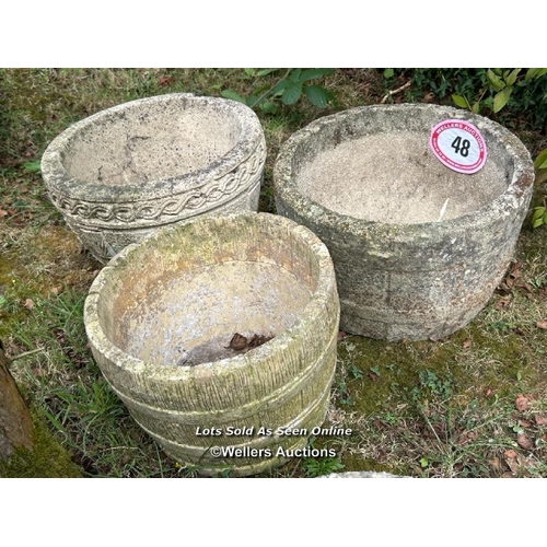 48 - Three round planters, largest 22cm (h) x 36cm (w) / Please bring equipment and labour to assist with... 