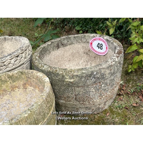 48 - Three round planters, largest 22cm (h) x 36cm (w) / Please bring equipment and labour to assist with... 