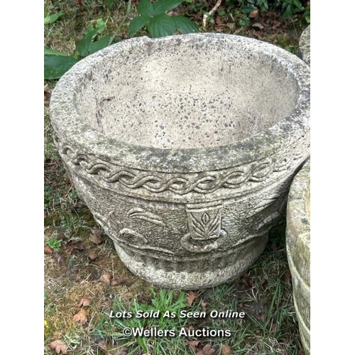 48 - Three round planters, largest 22cm (h) x 36cm (w) / Please bring equipment and labour to assist with... 