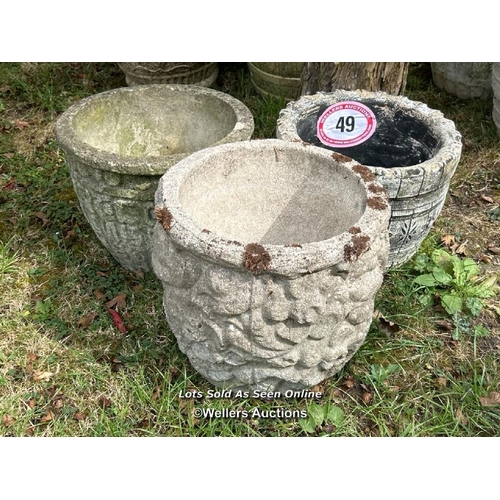 49 - Three round planters, largest 27cm (h) x 30cm (w) / Please bring equipment and labour to assist with... 