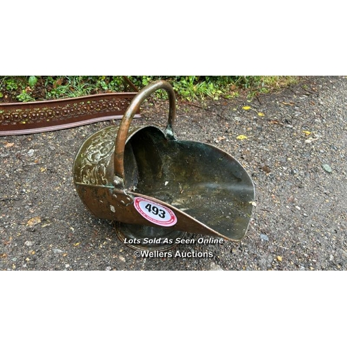 493 - A Victorian copper coal scuttle, 50cm long / Please bring equipment and labour to assist with remova... 