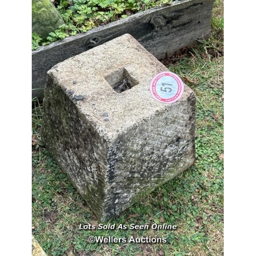 51 - Stone plinth, 33cm (h) x 28cm sqaure top / Please bring equipment and labour to assist with removal ... 