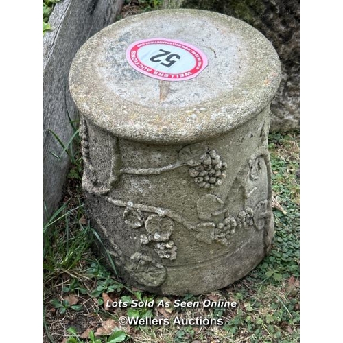 52 - Reconstituted stone plinth, 30cm (h) x 26cm (dia) / Please bring equipment and labour to assist with... 