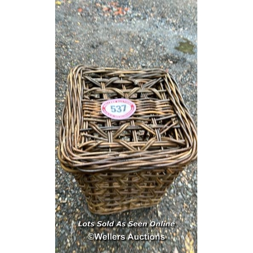 537 - A wicker basket, 57cm (h) x 40cm sq. / Please bring equipment and labour to assist with removal of a... 