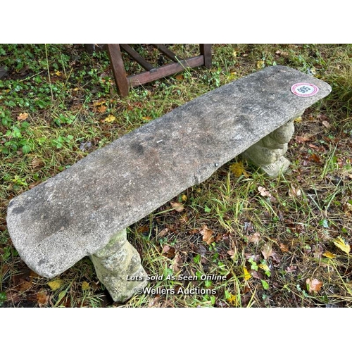 544 - A three piece reconstituted stone garden bench on squirrel base, 41cm (h) x 113cm (w) x 30cm (d) / P... 