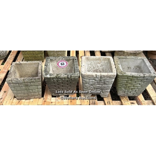 63 - Four reconstituted stone sqaure planters, largest 31cm (h) x 29cm square / Please bring equipment an... 