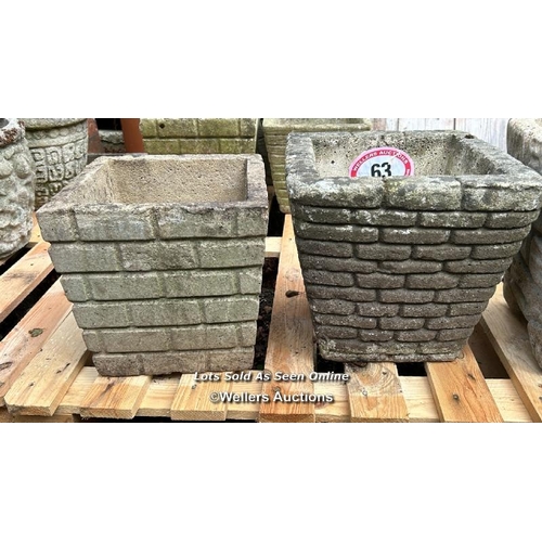 63 - Four reconstituted stone sqaure planters, largest 31cm (h) x 29cm square / Please bring equipment an... 