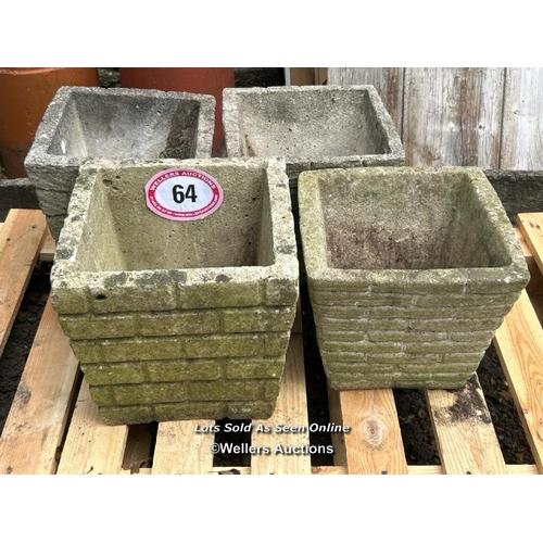 64 - Four reconstituted stone sqaure planters, largest 26cm (h) x 28cm square / Please bring equipment an... 