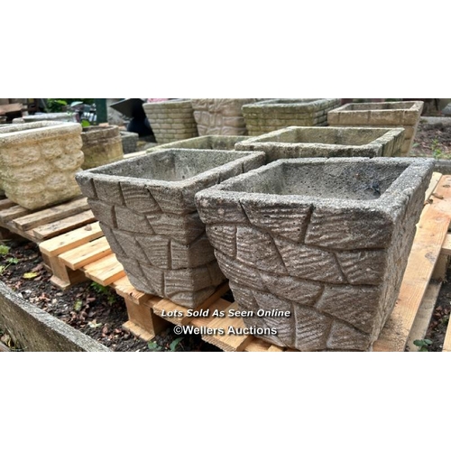 64 - Four reconstituted stone sqaure planters, largest 26cm (h) x 28cm square / Please bring equipment an... 