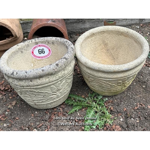 66 - Pair of reconstituted stone round planters, 26cm (h) x 34cm (dia) / Please bring equipment and labou... 