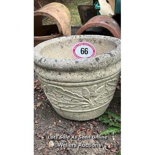 66 - Pair of reconstituted stone round planters, 26cm (h) x 34cm (dia) / Please bring equipment and labou... 