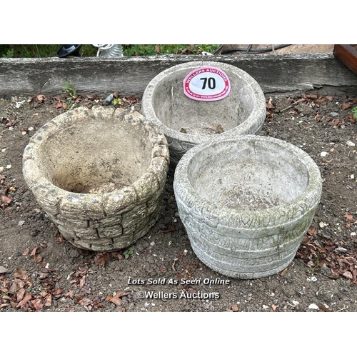 70 - Three round reconstituted planters, largest 16cm (h) x 25cm (dia) / Please bring equipment and labou... 