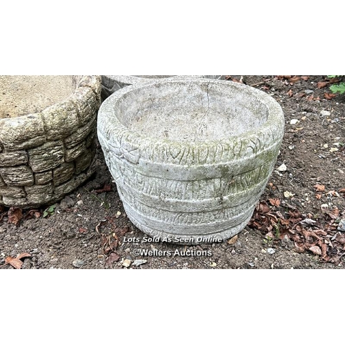 70 - Three round reconstituted planters, largest 16cm (h) x 25cm (dia) / Please bring equipment and labou... 