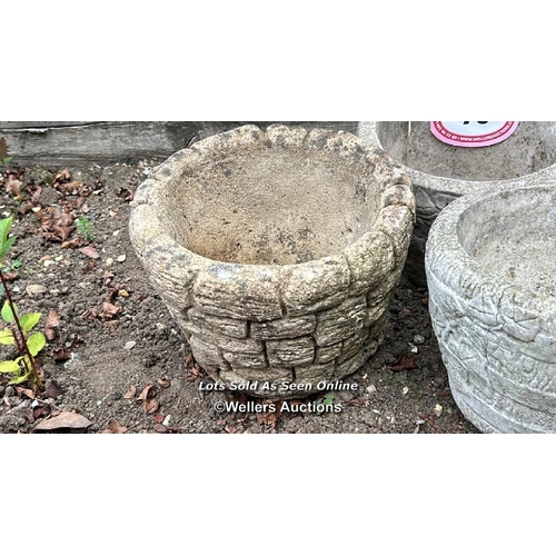 70 - Three round reconstituted planters, largest 16cm (h) x 25cm (dia) / Please bring equipment and labou... 