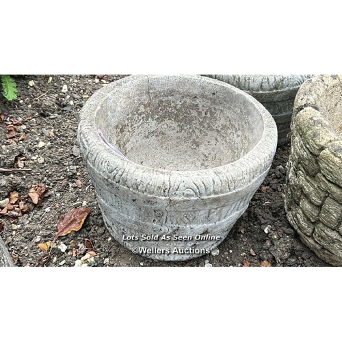 70 - Three round reconstituted planters, largest 16cm (h) x 25cm (dia) / Please bring equipment and labou... 