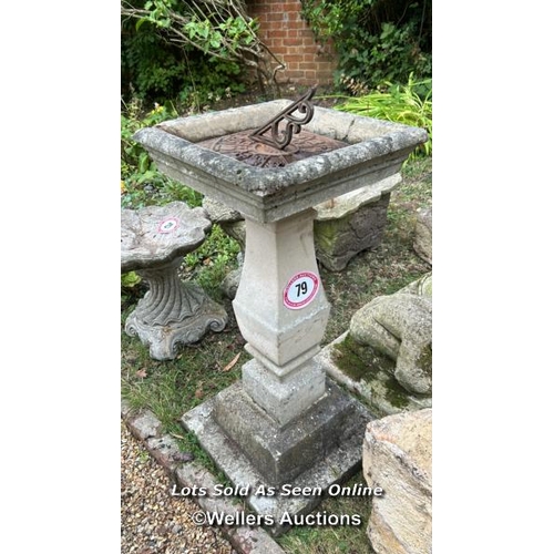 79 - Reconstituted stone sundial, 88cm (h) x 32cm sqaure at the base / Please bring equipment and labour ... 