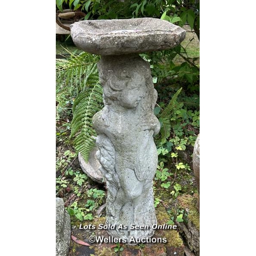 83 - Cherub bird bath, 76cm (h) x 26cm sqaure at the top / Please bring equipment and labour to assist wi... 