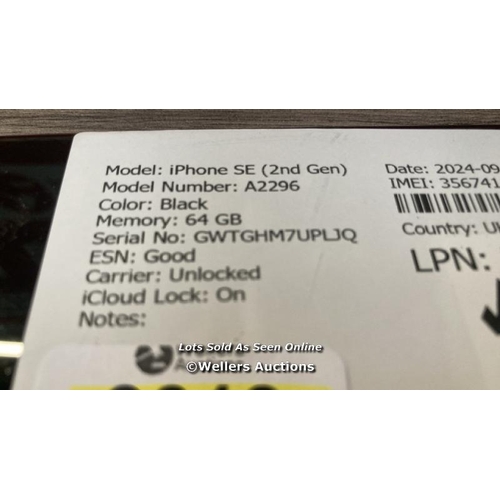 9013 - APPLE IPHONE SE (2ND GEN) / A2296 / 64GB / I-CLOUD LOCKED / SERIAL NO. GTWGHM7UPLJQ / SEE IMAGES / S... 