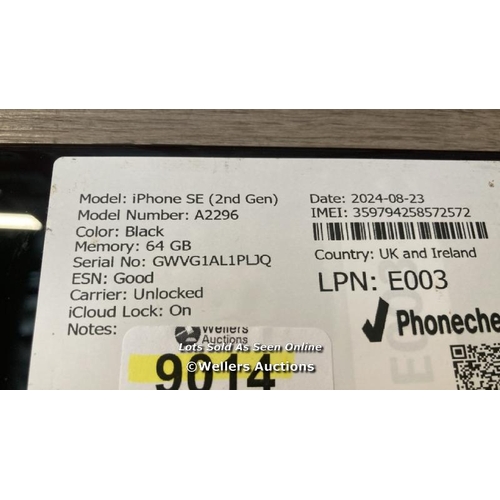 9014 - APPLE IPHONE SE (2ND GEN) / A2296 / 64GB / I-CLOUD LOCKED / SERIAL NO. GWVG1AL1PLJQ / SEE IMAGES