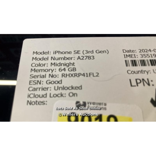 9019 - APPLE IPHONE SE (3RD GEN) / A2783 / 64GB / I-CLOUD LOCKED / SERIAL NO. RHXRP41FL2 / SEE IMAGES