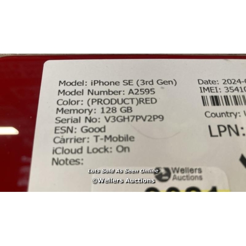 9021 - APPLE IPHONE SE (3RD GEN) / A2595 / 128GB / I-CLOUD LOCKED / SERIAL NO. V3GH7PV2P9 / SEE IMAGES