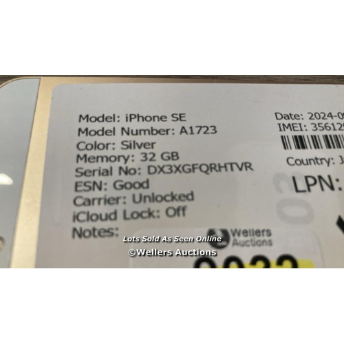 9032 - APPLE IPHONE SE / A1723 / 32GB / I-CLOUD UNLOCKED / SERIAL NO. DX3XGFQRHTVR / SEE IMAGES