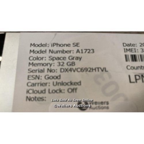 9033 - APPLE IPHONE SE / A1723 / 32GB / I-CLOUD UNLOCKED / SERIAL NO. DX4VC692HTVL / SEE IMAGES / SCREEN DA... 