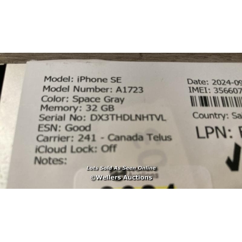 9034 - APPLE IPHONE SE / A1723 / 32GB / I-CLOUD UNLOCKED / SERIAL NO. DX3THDLNHTVL / SEE IMAGES