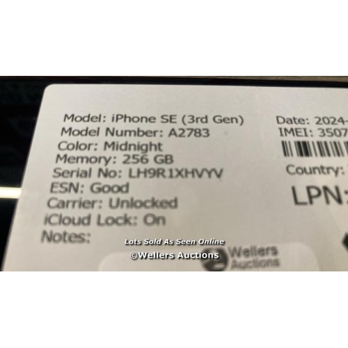 9046 - APPLE IPHONE SE (3RD GEN) / A2783 / 256GB / I-CLOUD LOCKED / SERIAL NO. LH9R1XHVYV / SEE IMAGES