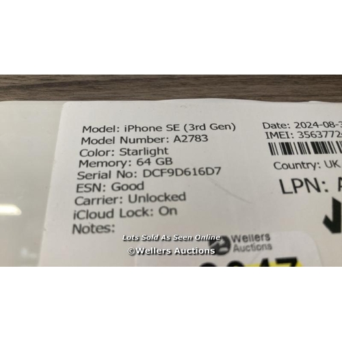 9047 - APPLE IPHONE SE (3RD GEN) / A2783 / 64GB / I-CLOUD LOCKED / SERIAL NO. DCF9D616D7 / SEE IMAGES