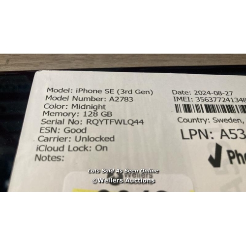 9048 - APPLE IPHONE SE (3RD GEN) / A2783 / 128GB / I-CLOUD LOCKED / SERIAL NO. RQYTFWLQ44 / SEE IMAGES