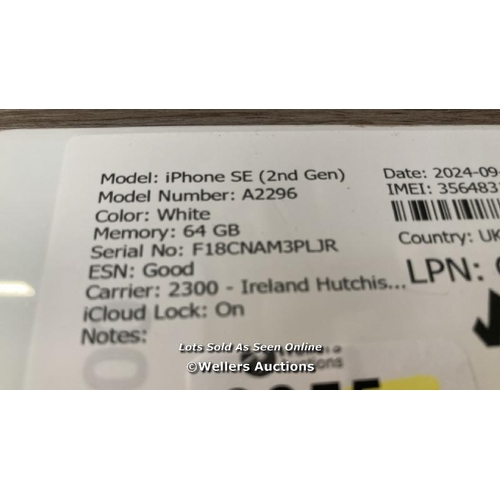 9055 - APPLE IPHONE SE (2ND GEN) / A2296 / 64GB / I-CLOUD LOCKED / SERIAL NO. F18CNAM3PLJR / SEE IMAGES