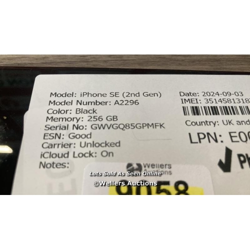 9058 - APPLE IPHONE SE (2ND GEN) / A2296 / 256GB / I-CLOUD LOCKED / SERIAL NO. GWVGQ85GPMFK / SEE IMAGES