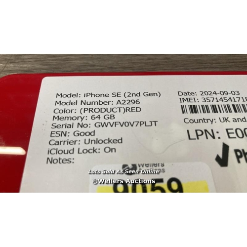 9059 - APPLE IPHONE SE (2ND GEN) / A2296 / 256GB / I-CLOUD LOCKED / SERIAL NO. GWVGQ85GPMFK / SEE IMAGES