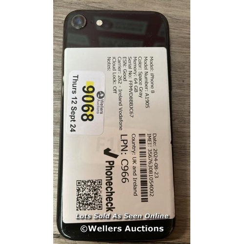 9068 - APPLE IPHONE 8 / A1905 / 64GB / I-CLOUD LOCKED / SERIAL NO. FFMVD8BBJC67 / SEE IMAGES / DAMAGE SCREE... 