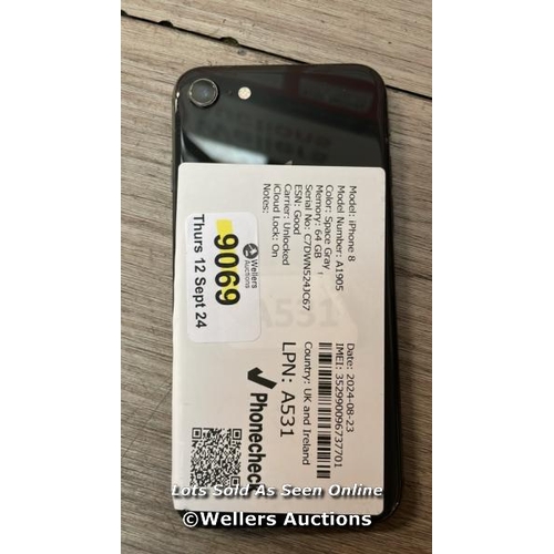 9069 - APPLE IPHONE 8 / A1905 / 64GB / I-CLOUD LOCKED / SERIAL NO. C7DWN524JC67 / SEE IMAGES / SCREEN DAMAG... 