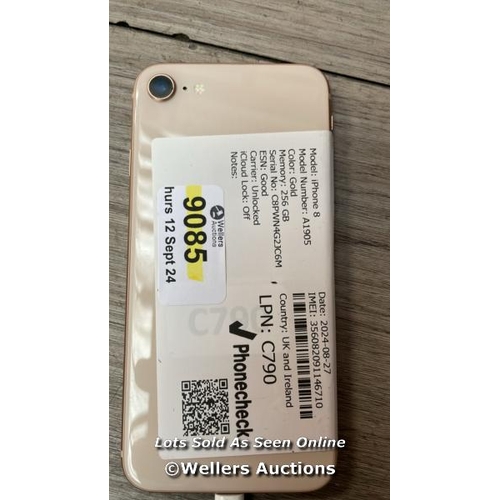 9085 - APPLE IPHONE 8 / A1905 / 256GB / I-CLOUD UNLOCKED / SERIAL NO. C8PWN4G2JC6M / SEE IMAGES