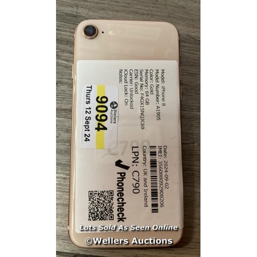 9094 - APPLE IPHONE 8 / A1905 / 64GB / I-CLOUD LOCKED / SERIAL NO. F4GX15NQJC69 / SEE IMAGES / DAMAGED SCRE... 