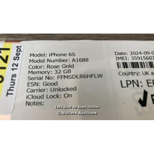 9121 - APPLE IPHONE 6S / A1688 / 32GB / I-CLOUD LOCKED / SERIAL NO. FFMSDLR6HFLW / SEE IMAGES