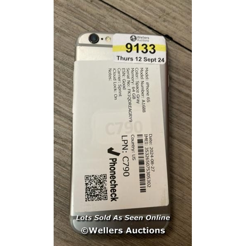 9133 - APPLE IPHONE 6S / A1688 / 64GB / I-CLOUD LOCKED / SERIAL NO. FK1QDREAGRY9 / SEE IMAGES