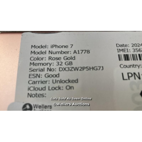 9160 - APPLE IPHONE 7 / A1778 / 32GB / I-CLOUD LOCKED / SERIAL NO. DX3ZW2P5HG7J / SEE IMAGES