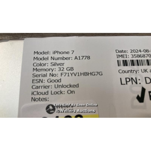 9163 - APPLE IPHONE 7 / A1778 / 32GB / I-CLOUD LOCKED / SERIAL NO. F71YV1HBHG7G / SEE IMAGES