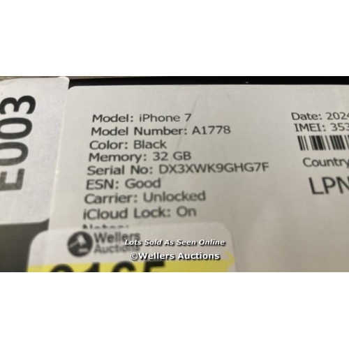 9165 - APPLE IPHONE 7 / A1778 / 32GB / I-CLOUD LOCKED / SERIAL NO. DX3XWK9GHG7F/ SEE IMAGES