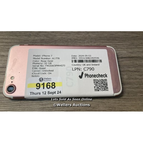 9168 - APPLE IPHONE 7 / A1778 / 32GB / I-CLOUD LOCKED / SERIAL NO. F4GSW3PMHG7J / SEE IMAGES