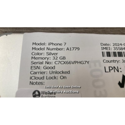 9169 - APPLE IPHONE 7 / A1779 / 32GB / I-CLOUD LOCKED / SERIAL NO. C7CX66VPHG7Y / SEE IMAGES