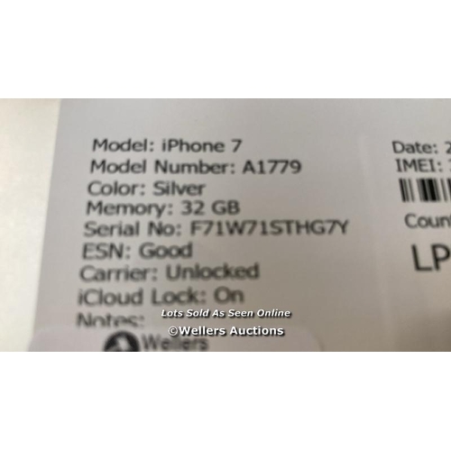 9174 - APPLE IPHONE 7 / A1779 / 32GB / I-CLOUD LOCKED / SERIAL NO. F72W2STHG7Y / SEE IMAGES