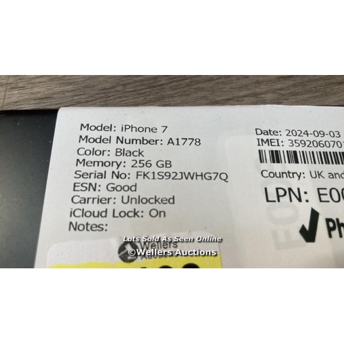 9192 - APPLE IPHONE 7 / A1778 / 256GB / I-CLOUD LOCKED / SERIAL NO. FK1S92JWHG7Q / SEE IMAGES